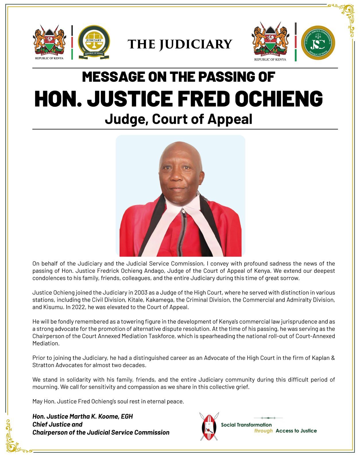 Message on the passing of Hon. Justice Fredrick Ochieng’