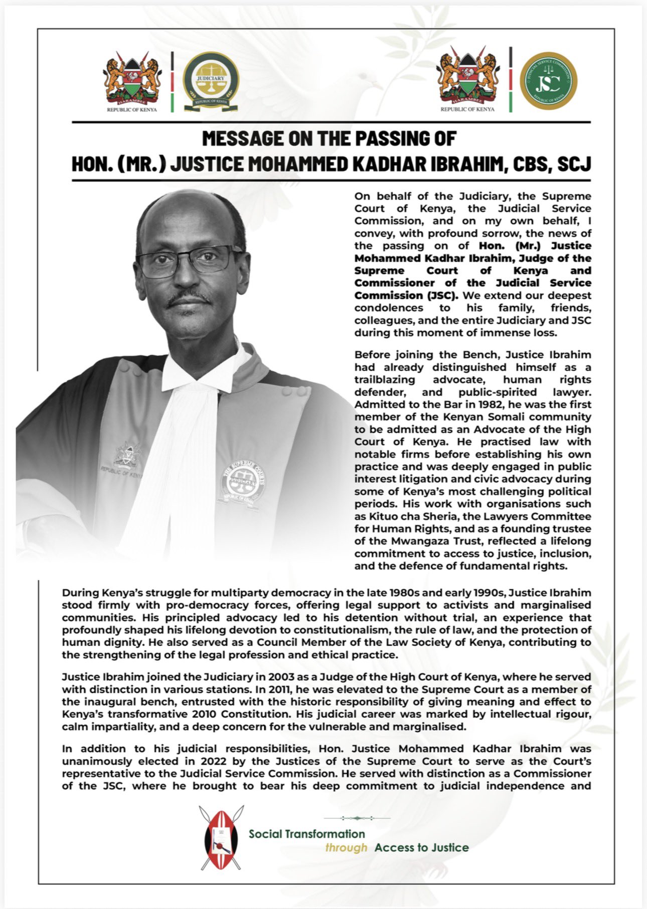 Message on the passing of Justice Mohammed Ibrahim, Supreme Court Judge and JSC Commissioner